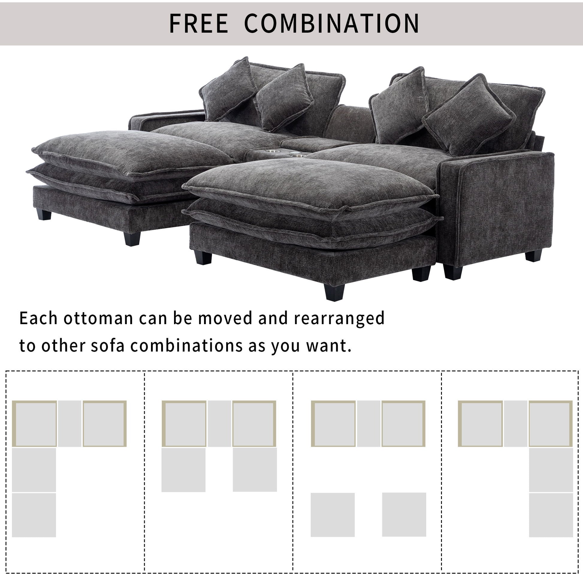Modern Sectional Sofa With Removable Ottomans, USB Ports Hearth and Haven