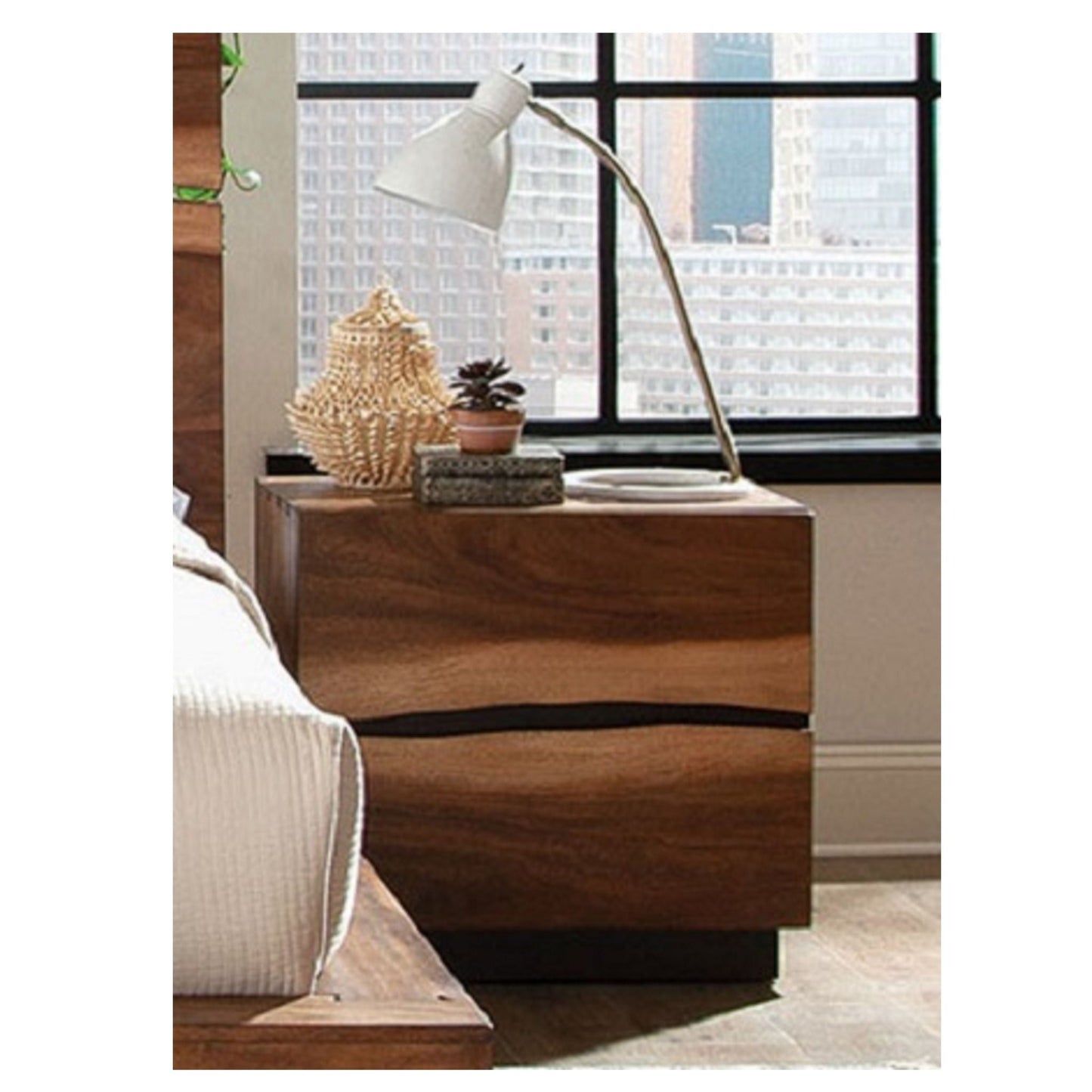 Wooden 2 Drawer Nightstand With Smokey And Asymmetrical Design - Walnut Home Essentials