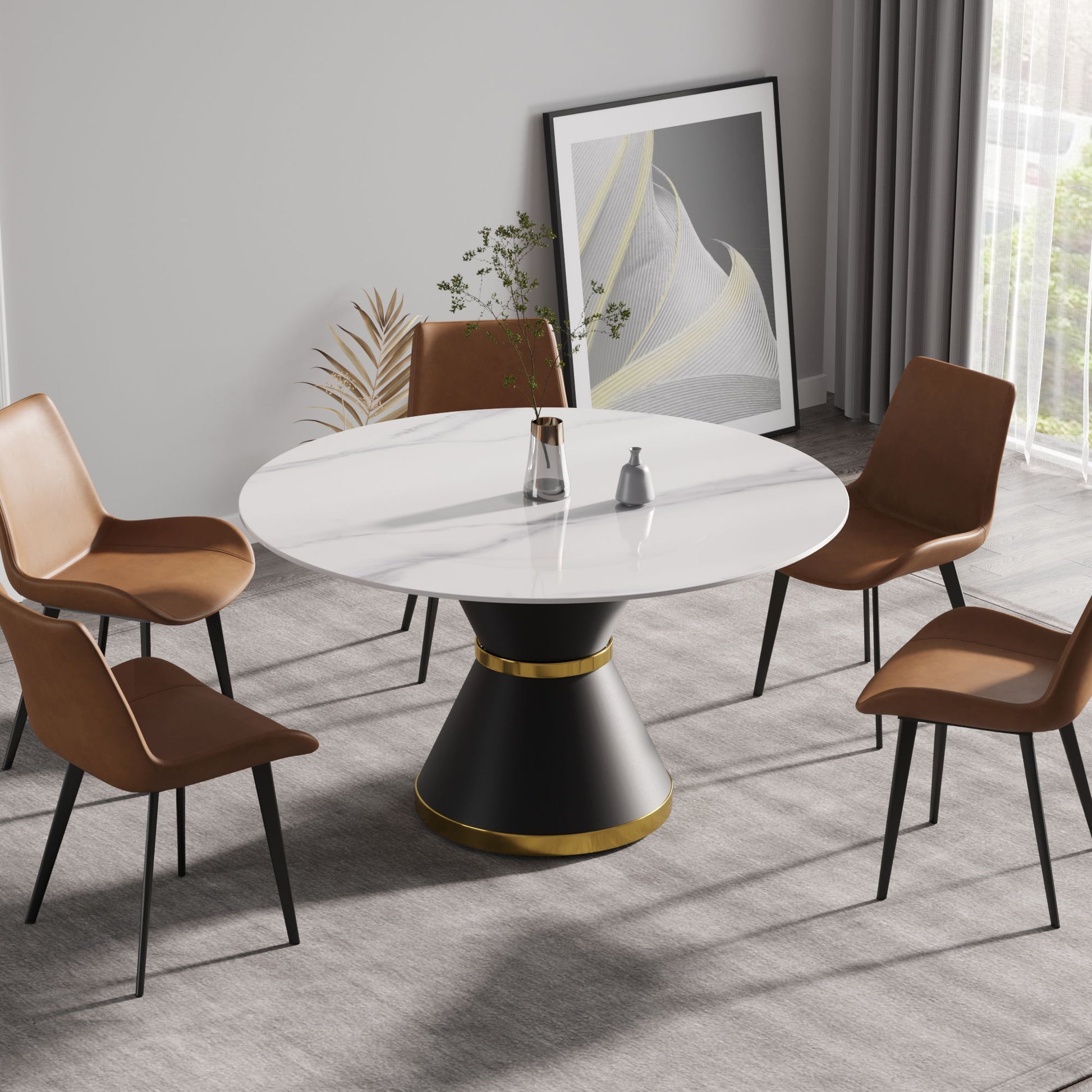 Modern Artificial Stone Round Carbon Steel Base Dining Table, Can Accommodate 6 People Home Essentials
