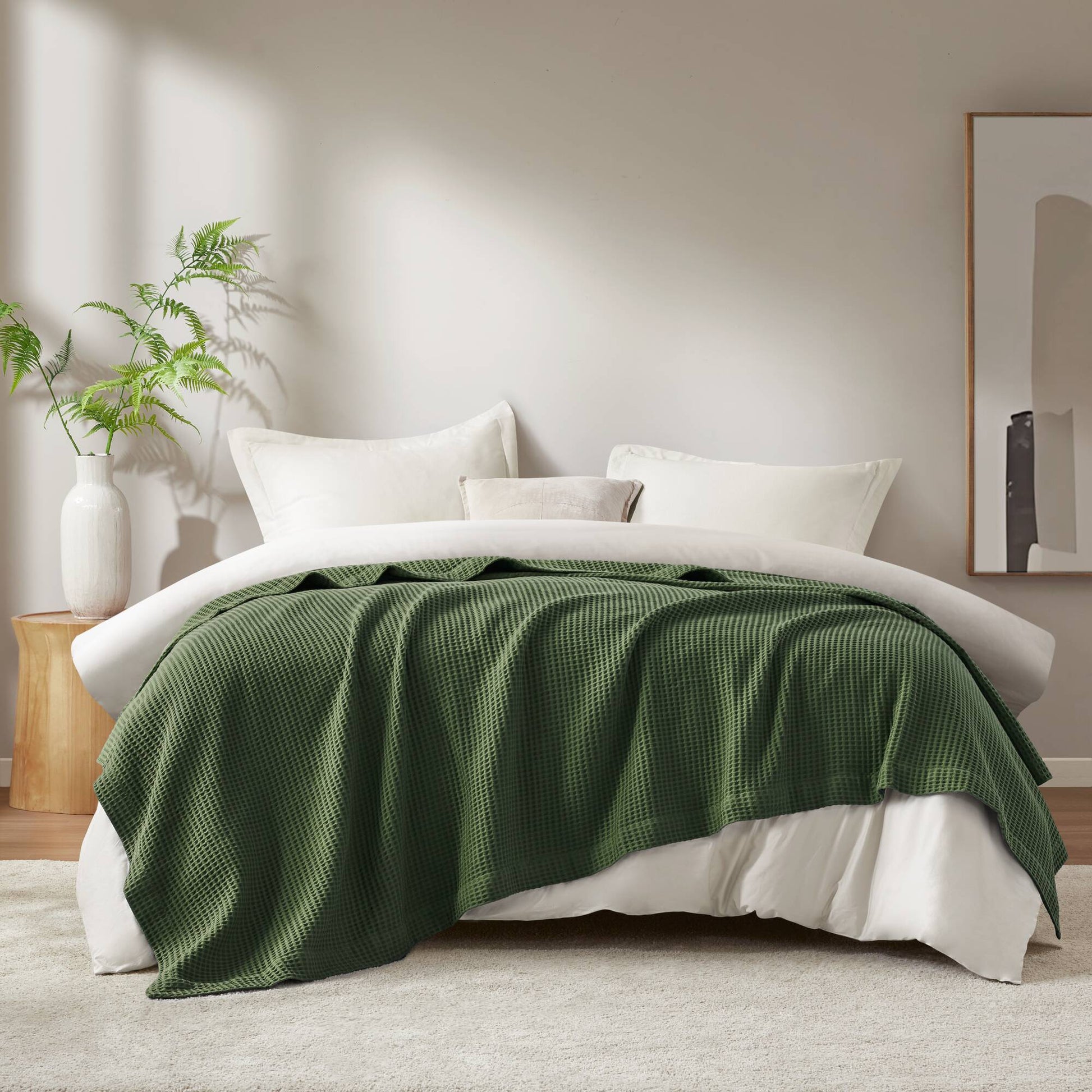Waffle Weave - Twin Cotton Blanket - Olive Green Madison Park