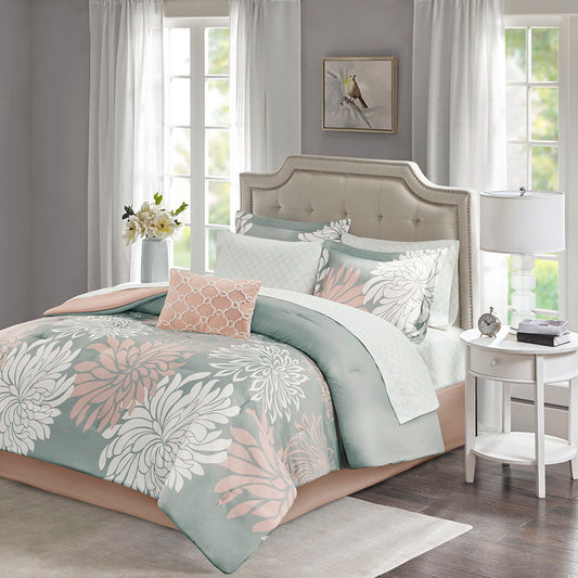Maible - King Complete Comforter And Sheet Set - Blush / Gray Madison Park Essentials