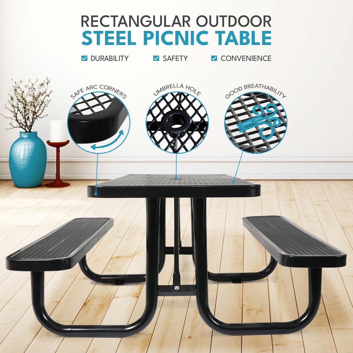 Outdoor Steel Picnic Rectangular Table With Umbrella Pole Home Essentials