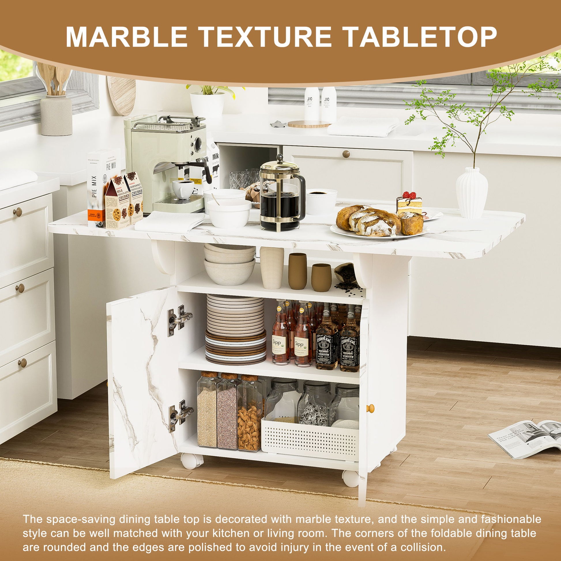 Versatile Marble Folding Dining Table With Storage Rack And Cabinet, 6 Wheels - White Home Essentials