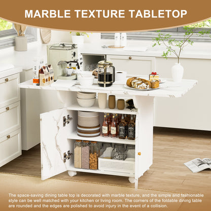 Versatile Marble Folding Dining Table With Storage Rack And Cabinet, 6 Wheels - White Home Essentials
