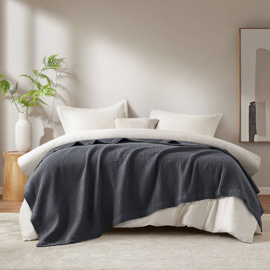 Waffle Weave - King Cotton Blanket - Dark Gray Madison Park