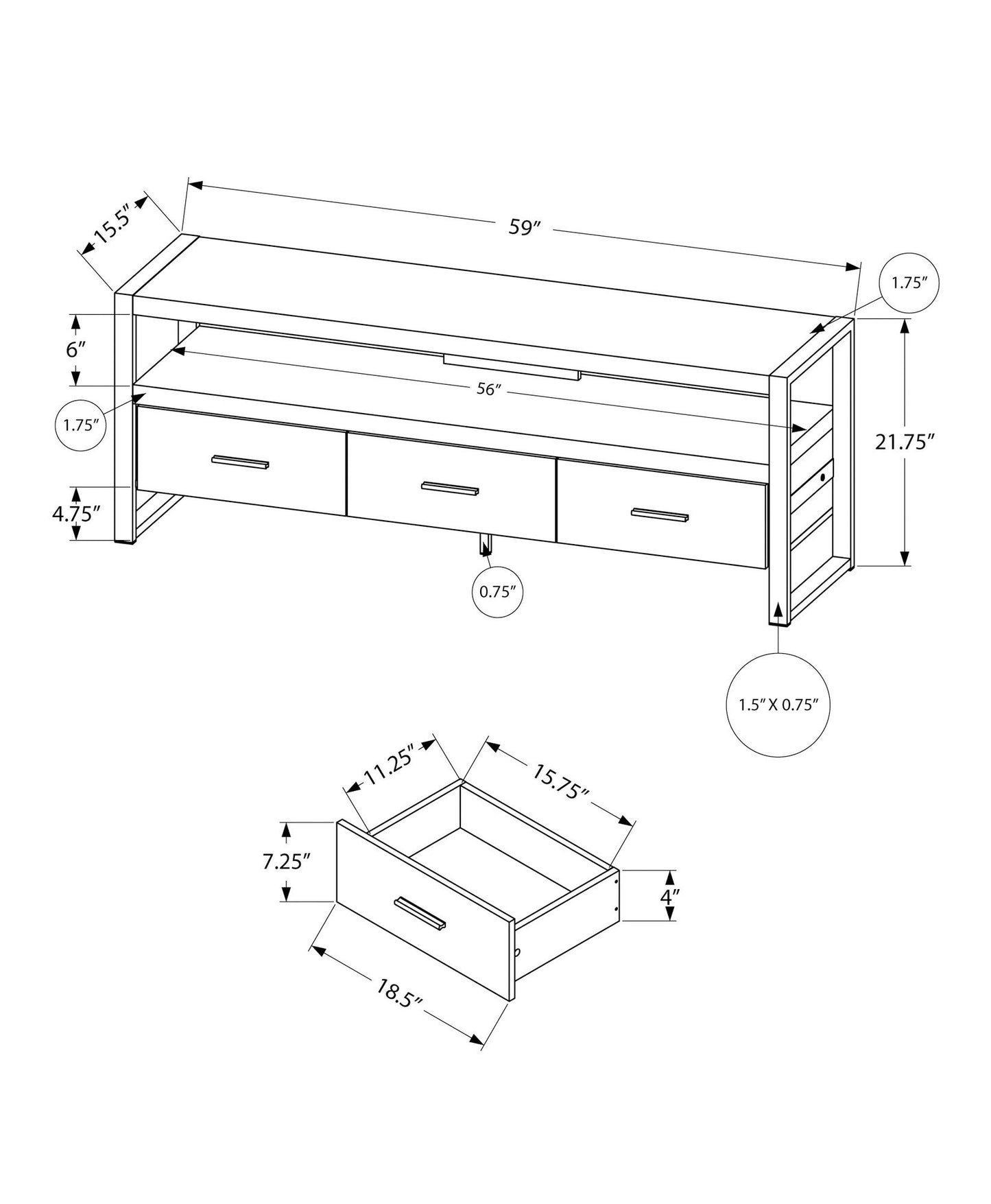 TV Stand, Console, Media Entertainment Center, Storage Drawers, Modern 8th Street