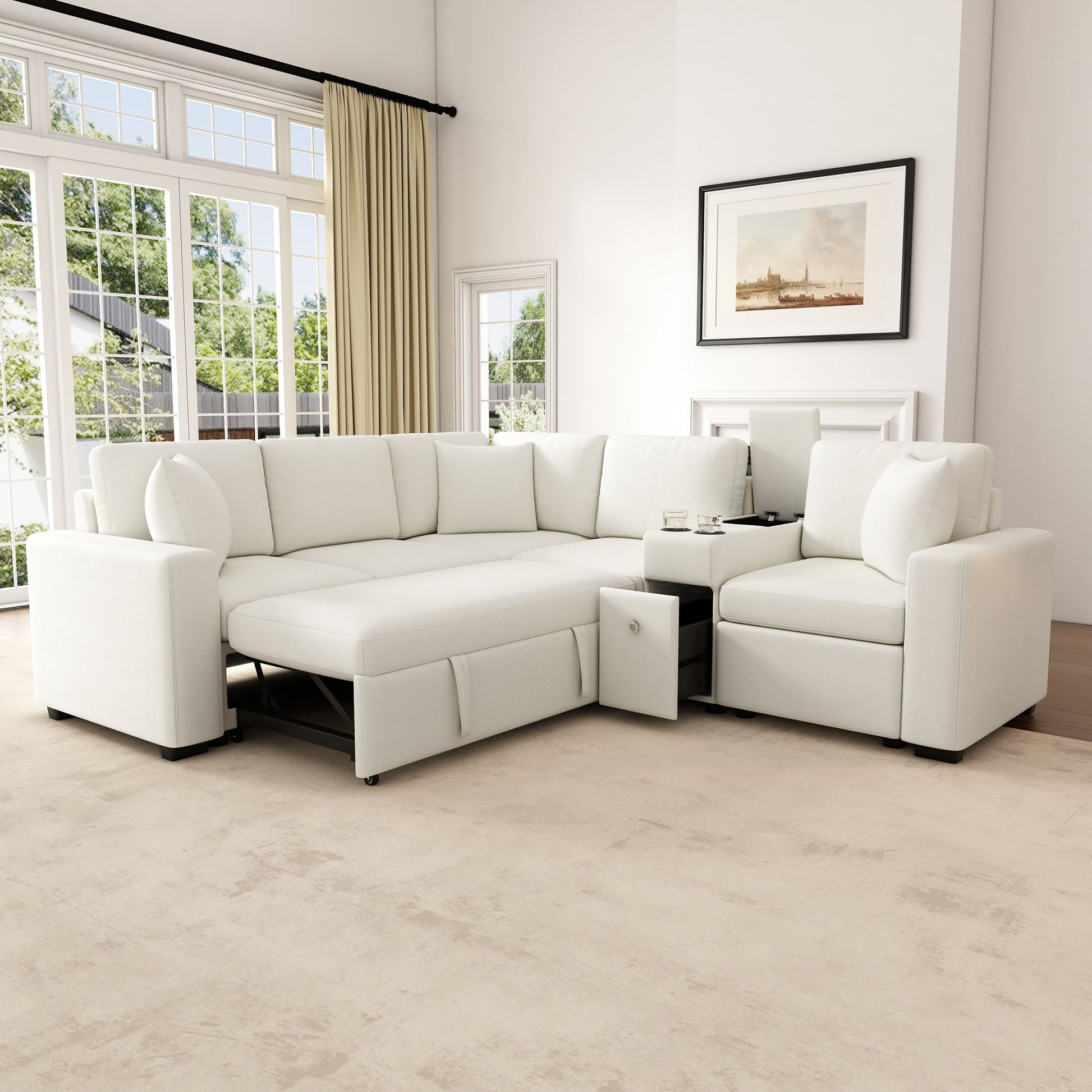 Modular L-Shaped Sectional Sofa Bed With Pull-Out Sleeper, Cup Holders, And Storage Hearth and Haven