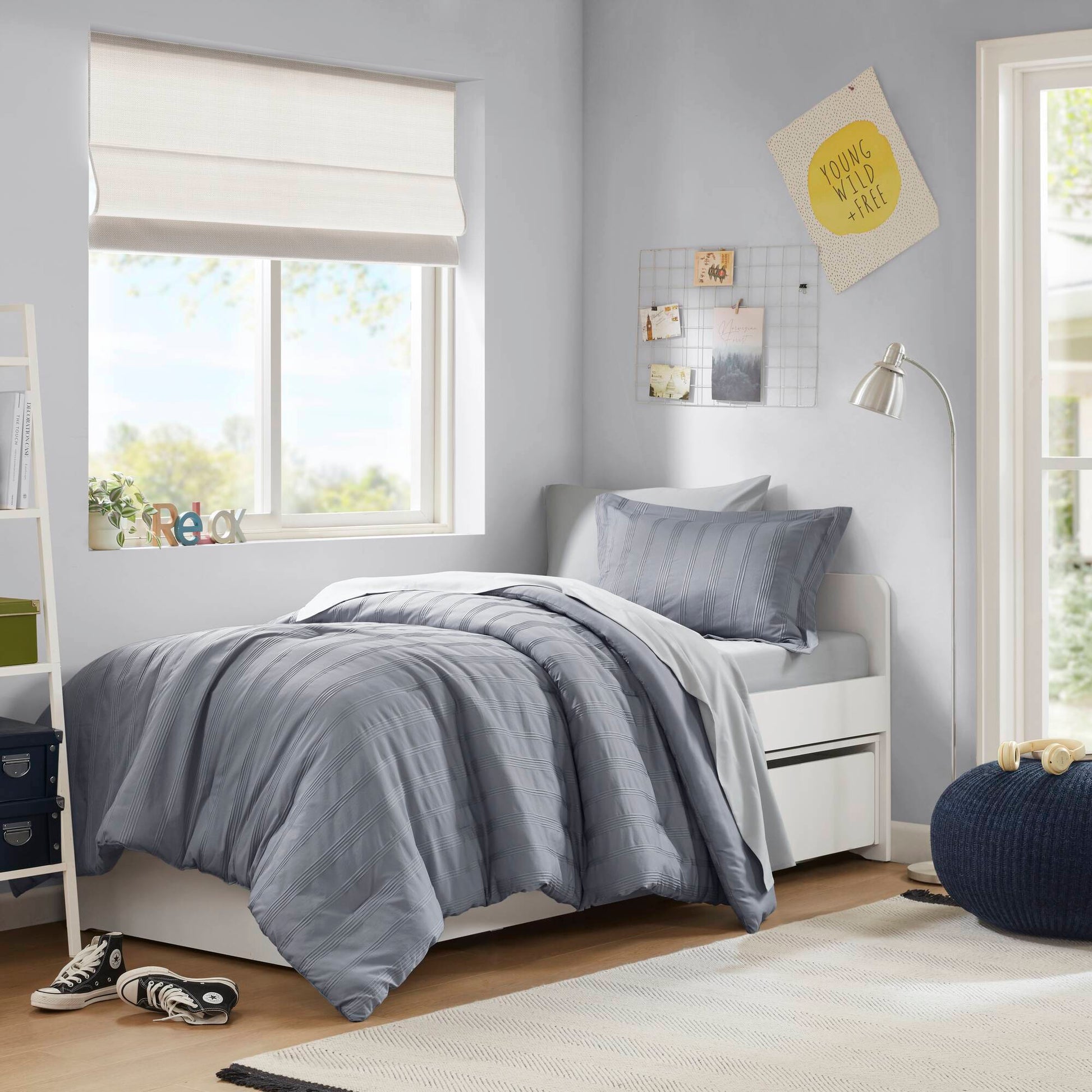 Logan - Twin/Twin Long Striped Comforter Set - Blue/Gray Super Listing