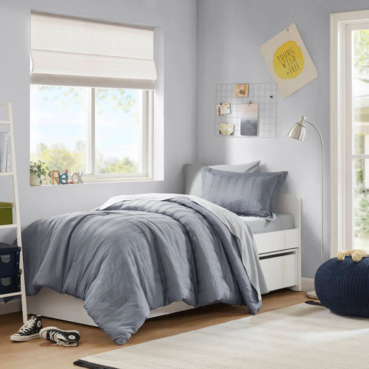 Logan - Twin/Twin Long Striped Comforter Set - Blue/Gray Super Listing