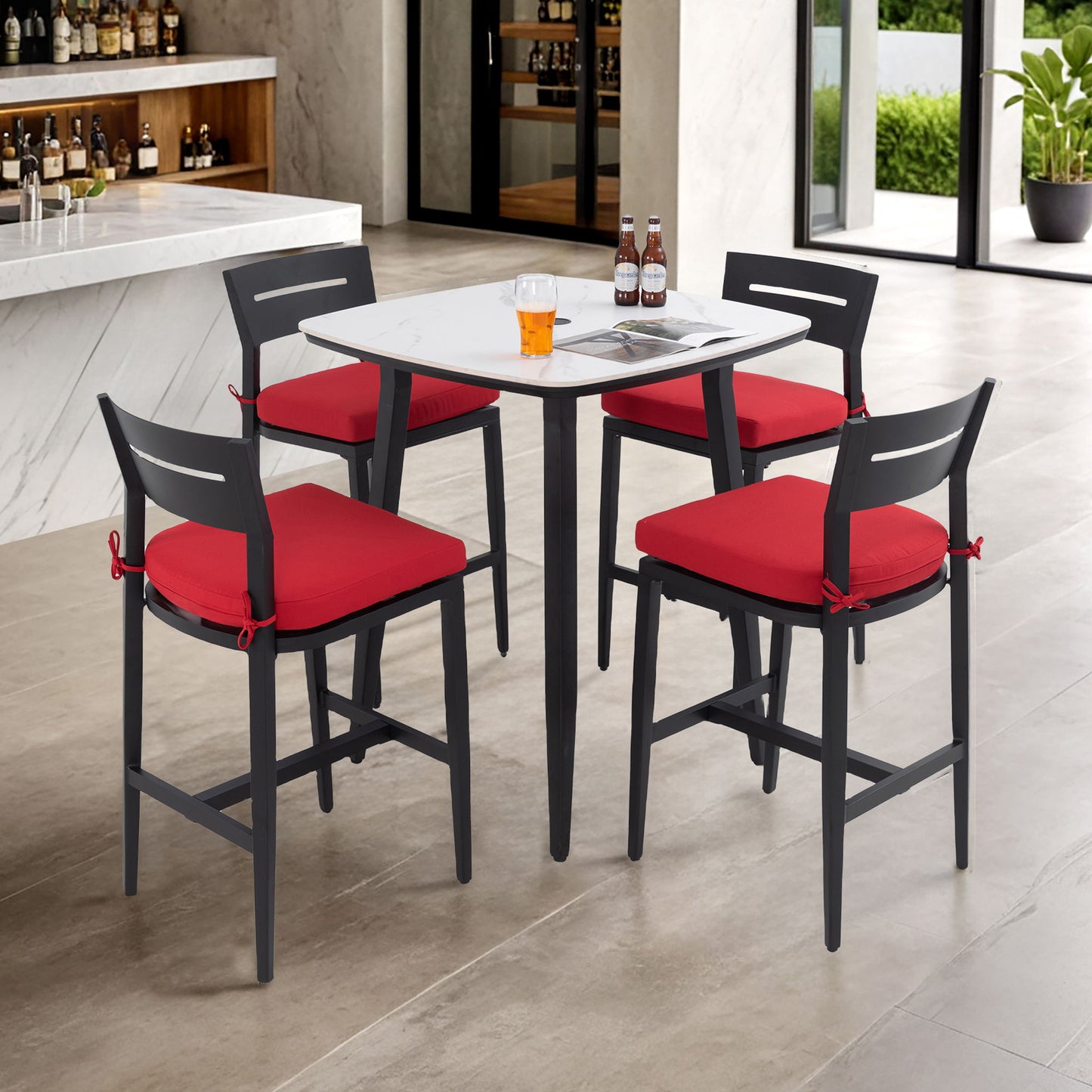 5 Pieces Outdoor Patio Bar Set, Rounded Square Table & 4 Aluminum Bar Stools Life Outside