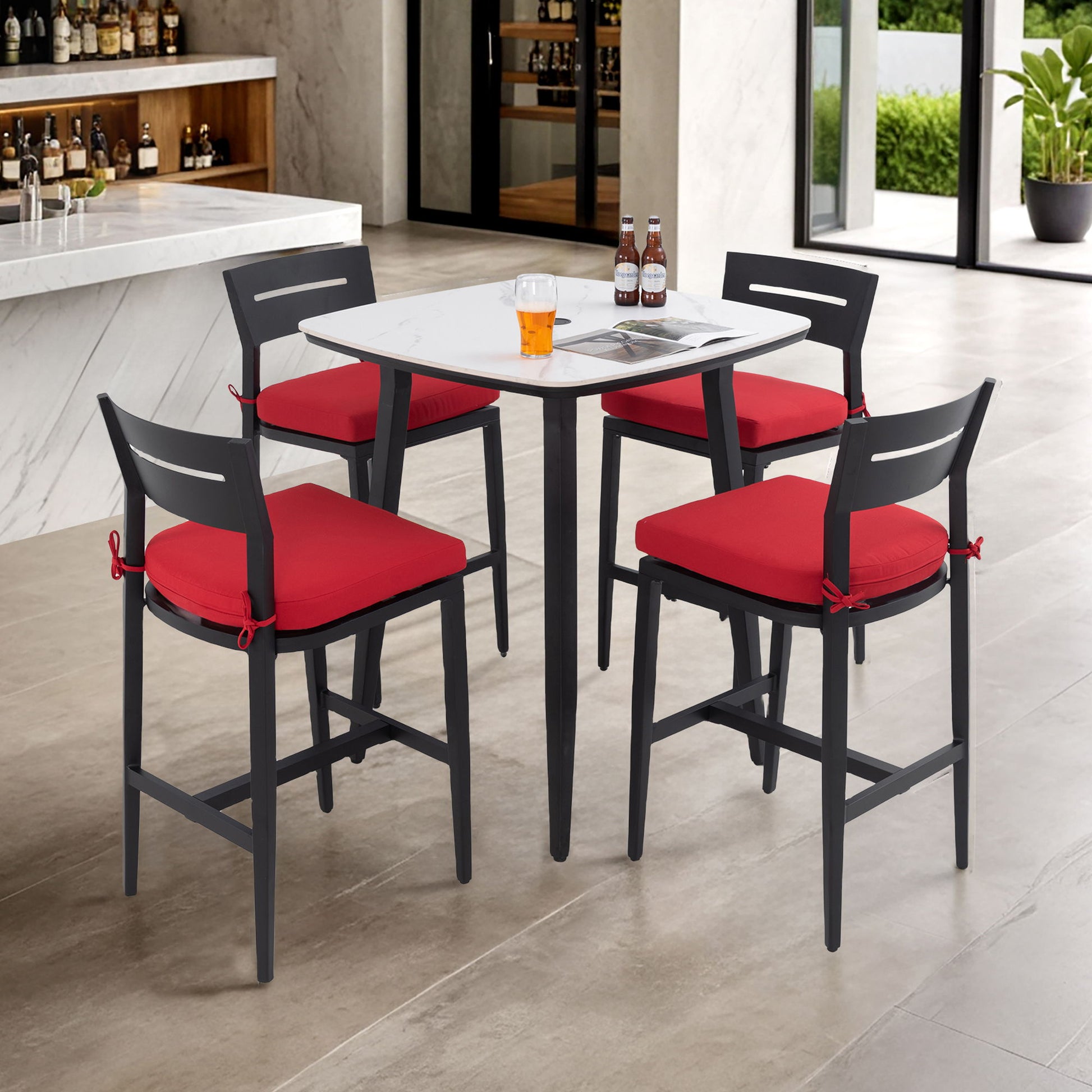 5 Pieces Outdoor Patio Bar Set, Rounded Square Table & 4 Aluminum Bar Stools Life Outside