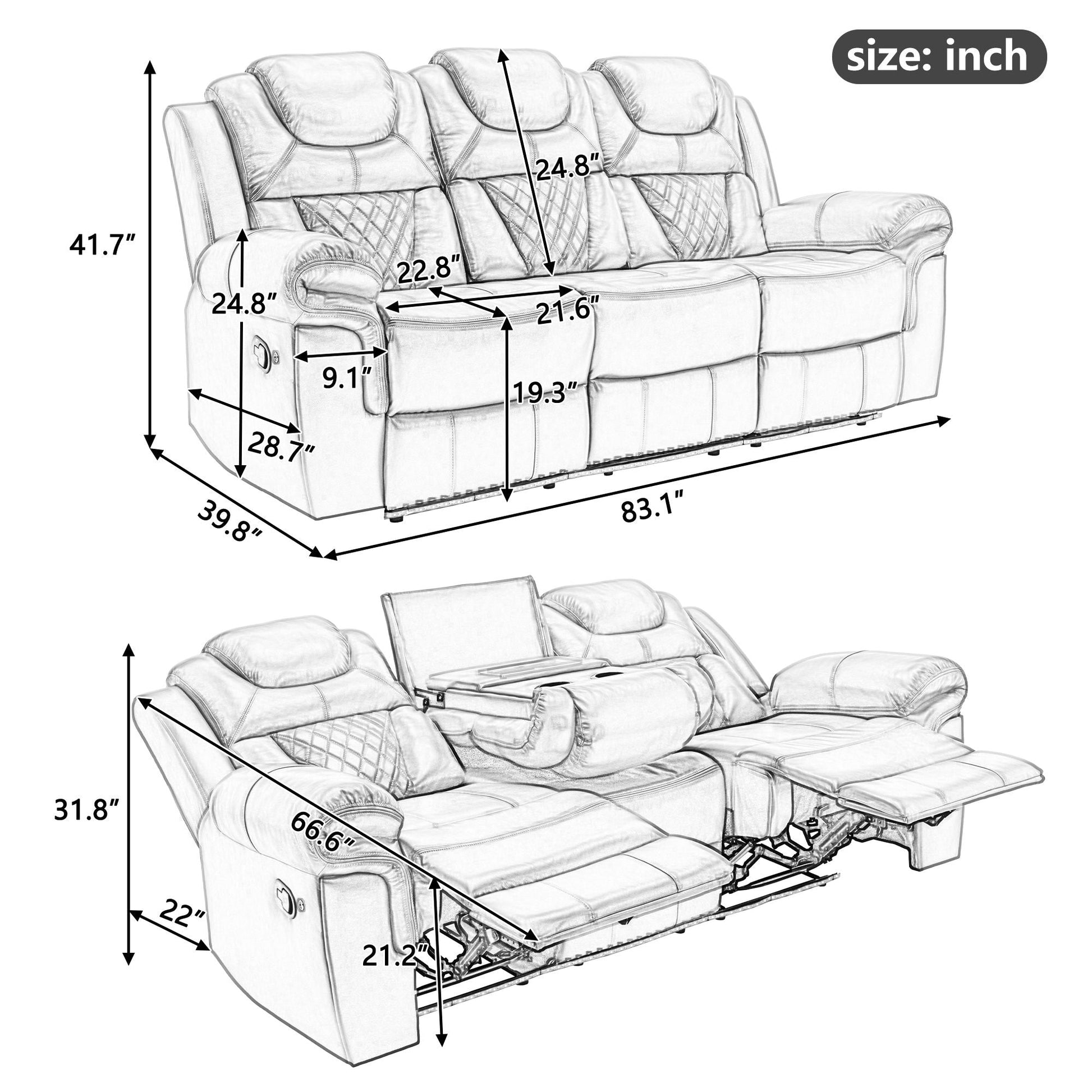 3 Pieces Recliner Sofa Sets Home Theater Seating Manual Recliner Chair & Center Console And LED Light Strip For Living Room - Brown Hearth and Haven