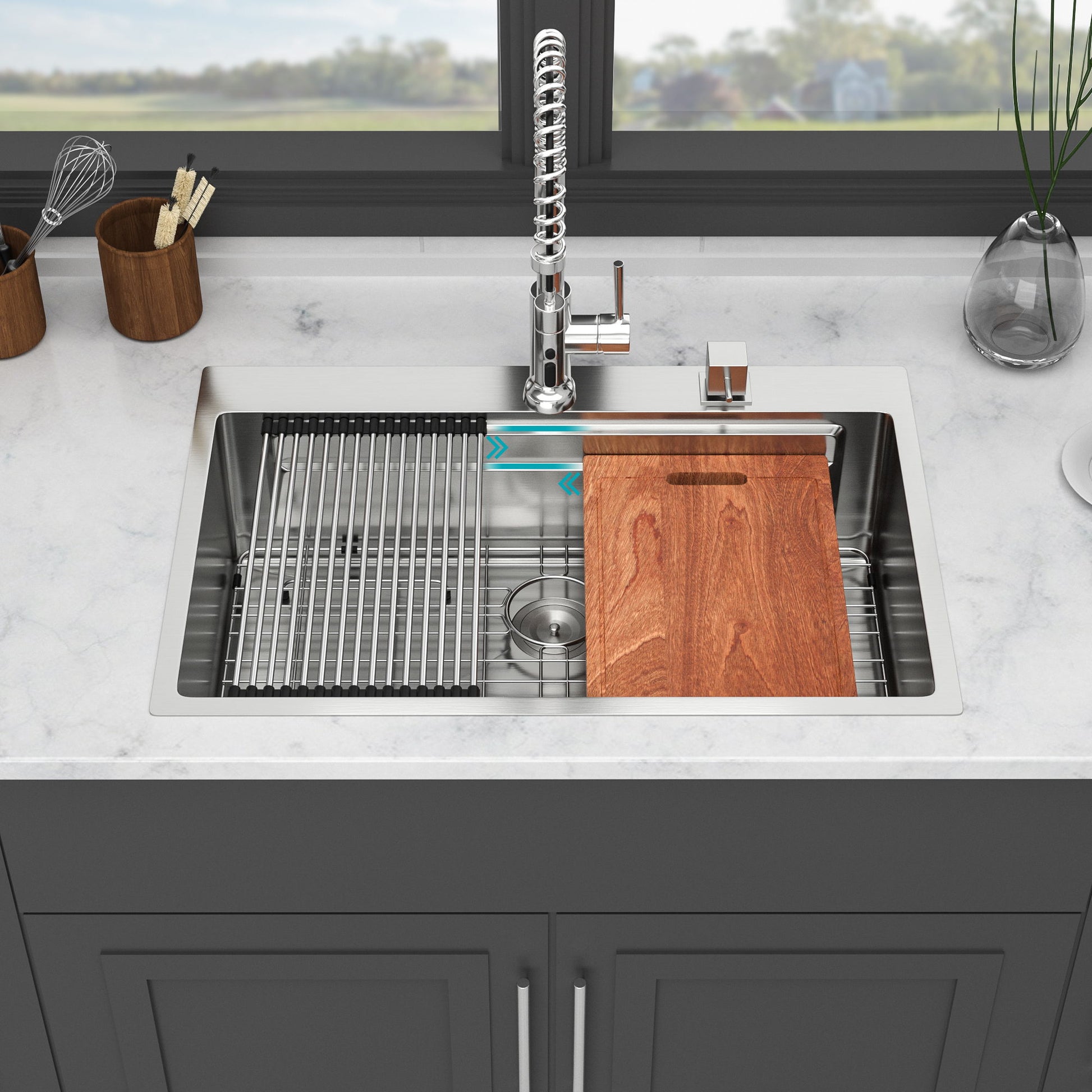 33" Drop In Kitchen Sink Single Bowl 16 Gauge Stainless Steel Ledge Workstation - Black Daily Nest