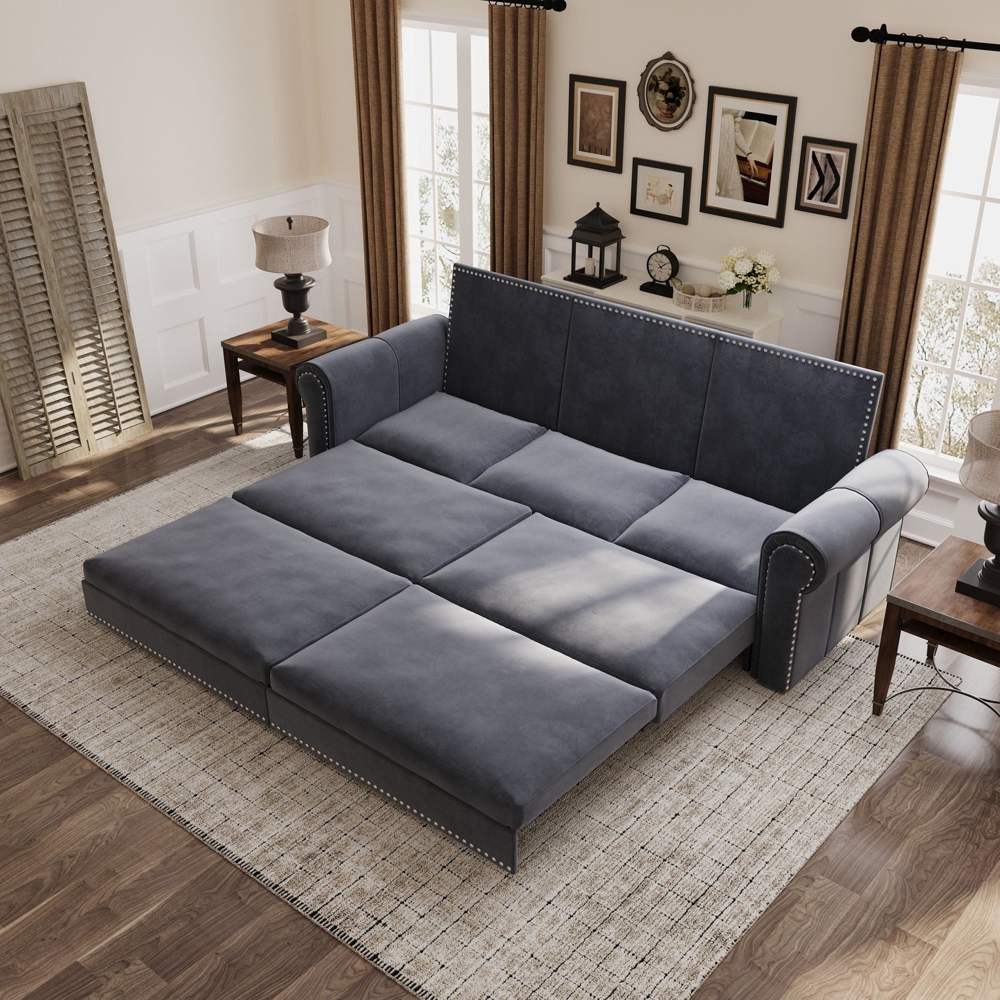 3 In 1 Convertible Sleeper Sofa With Nailhead Trim & Rolled Arm Home Essentials