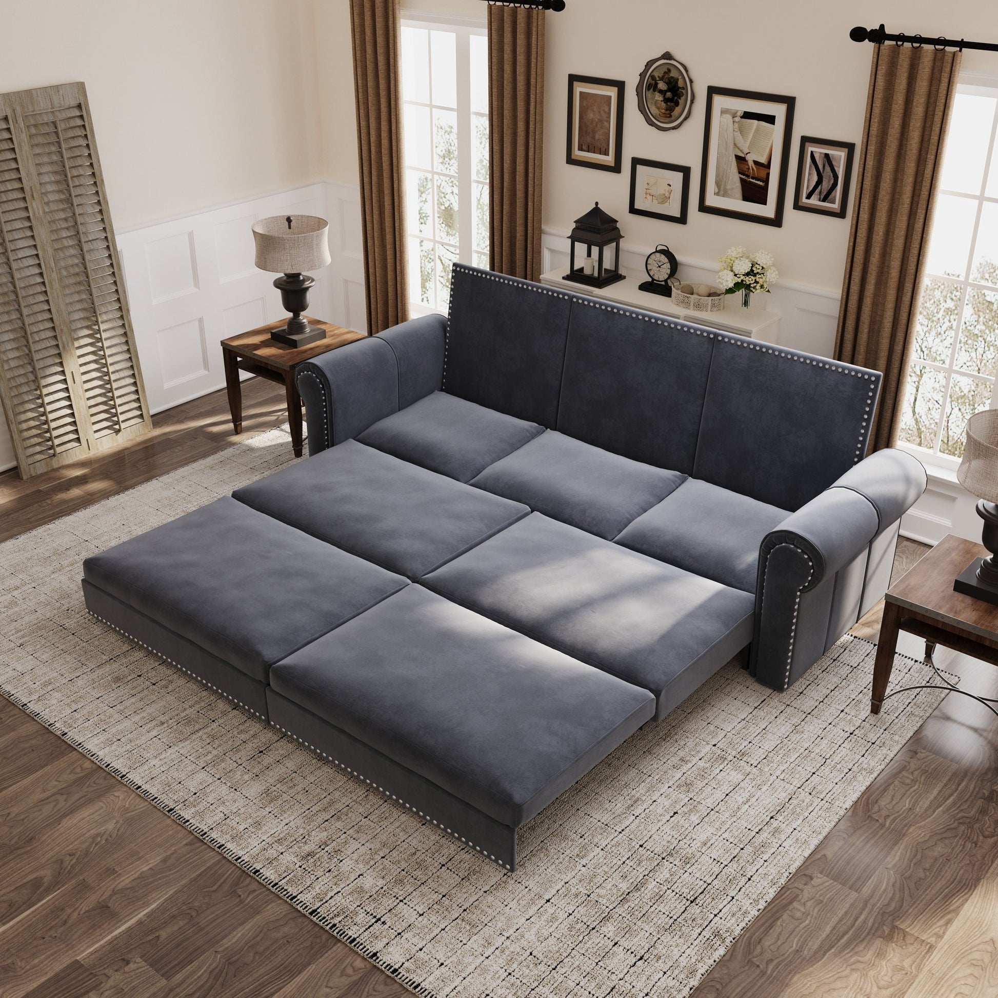 3 In 1 Convertible Sleeper Sofa With Nailhead Trim & Rolled Arm Home Essentials
