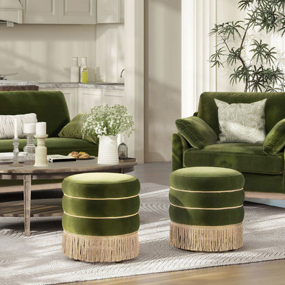 Edward - Round Upholstered Ottoman With Bullion Fringe - Olive Green Jennifer Taylor Home