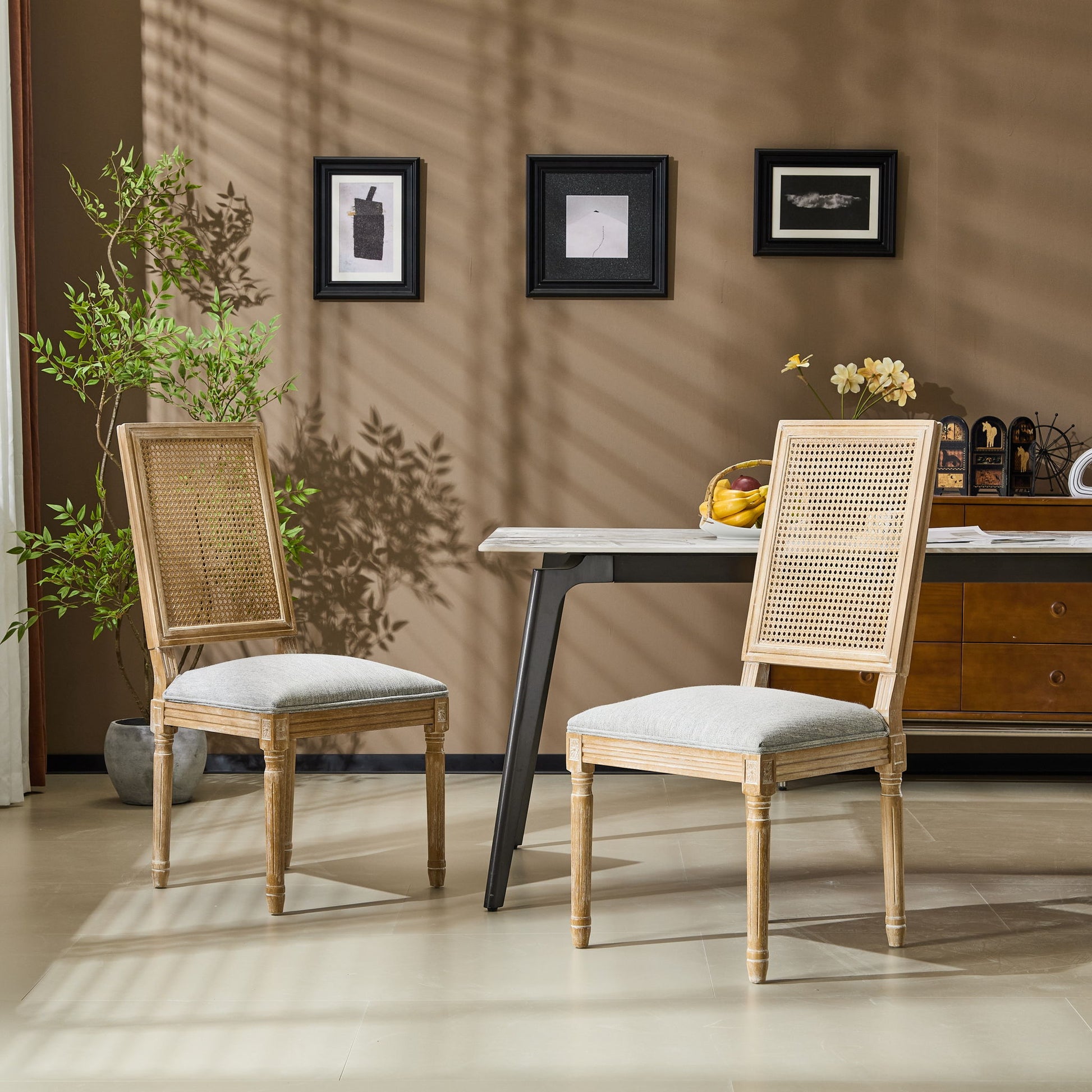 French Country Dining Chair With Rectangular Cane Backrest And Smooth Upholstered Seating Noble House