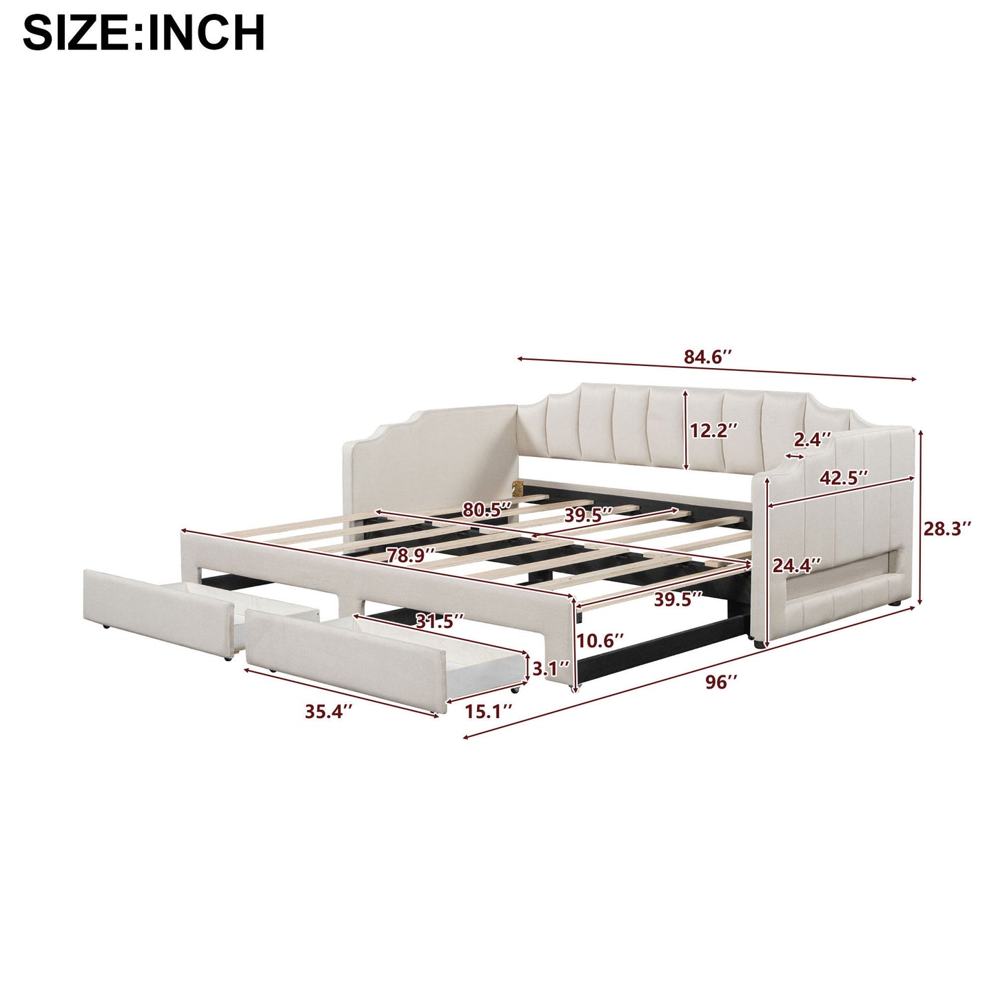 Extendable Daybed With LED Light And 2 Storage Drawers Dreamland