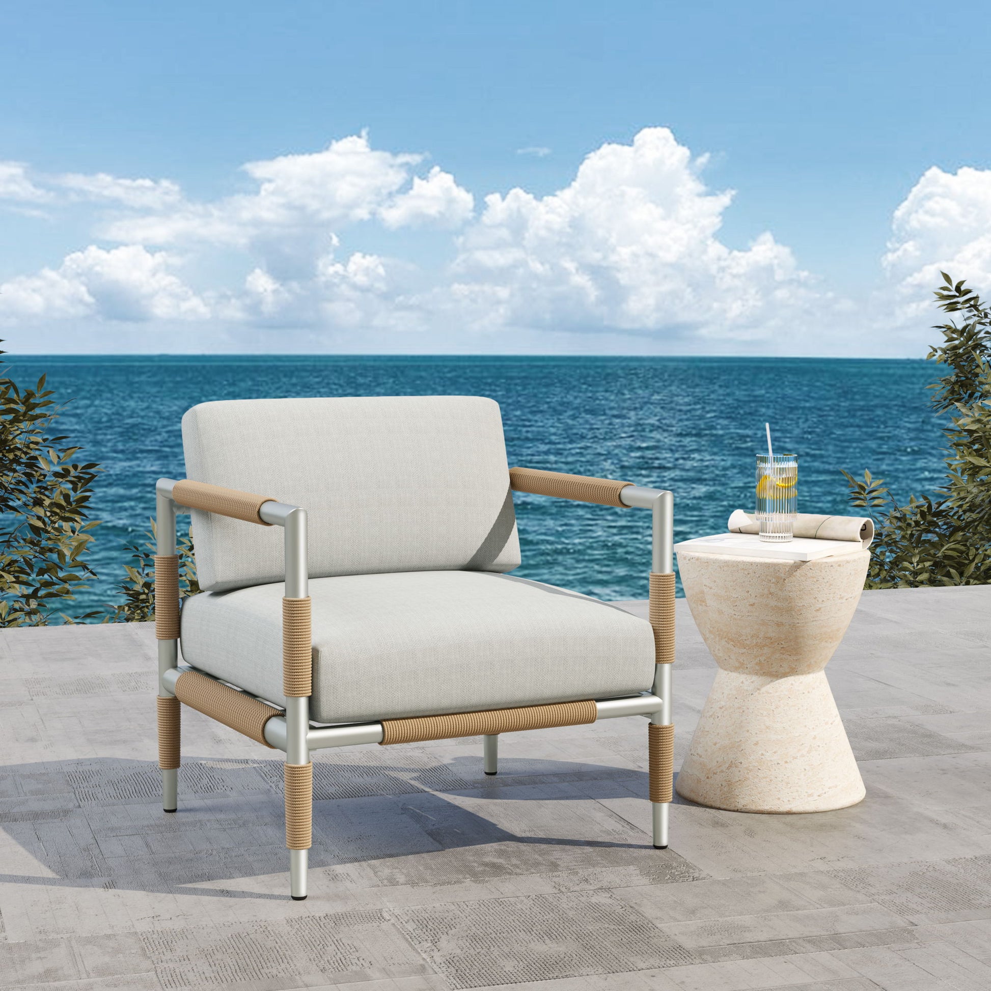 Oriana - Aluminum Outdoor Patio Armchair With Thick Cushions - Light Gray Noble House