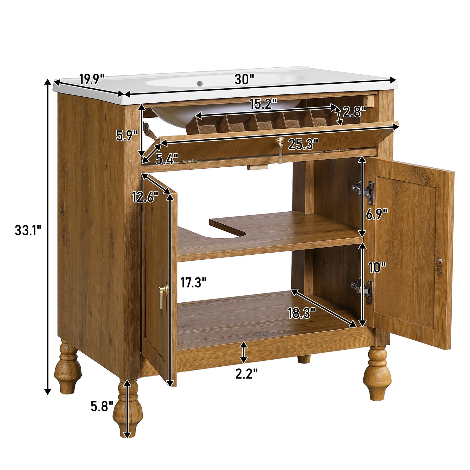 Bathroom Vanity With Seashell Resin Sink, Flip Up Storage, Soft Close Doors - Brown Noble House
