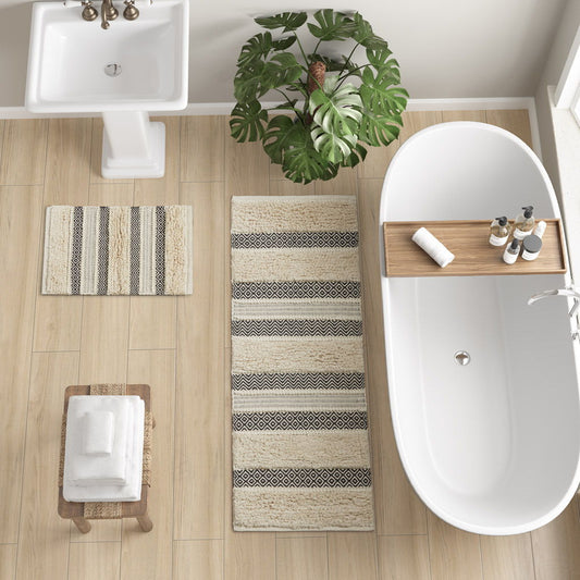 Asher - 22" x 58" Woven Texture Stripe Bath Rug - Black INK+IVY