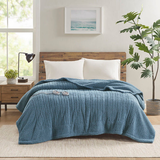 Sherpa - Queen Heated Blanket - Blue True North by Sleep Philosophy