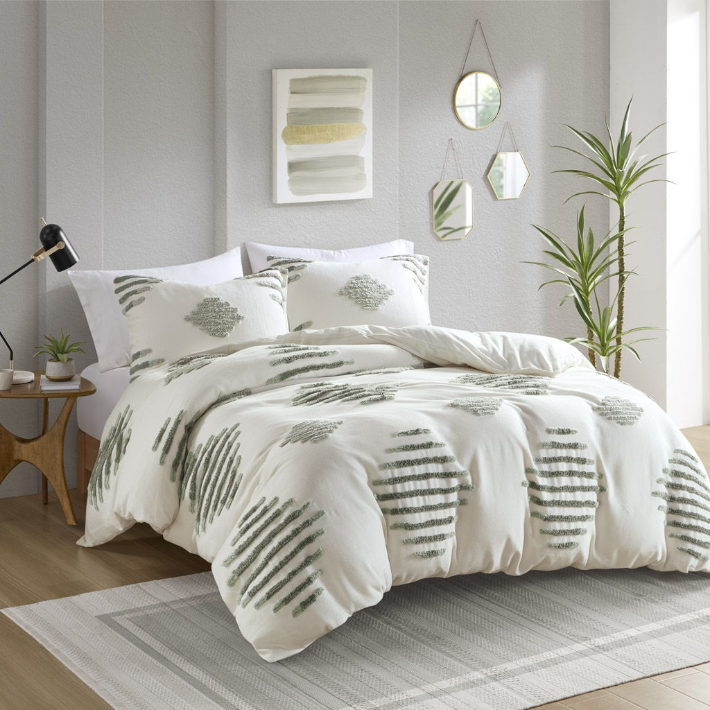 Tahli - 3 Piece Cotton Blend Chenille Duvet Cover Set - Green/Ivory INK+IVY