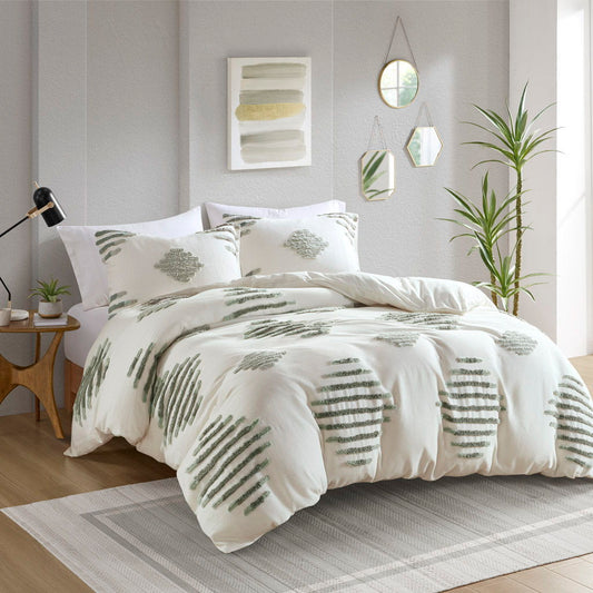 Tahli - 3 Piece Cotton Blend Chenille Duvet Cover Set - Green/Ivory INK+IVY