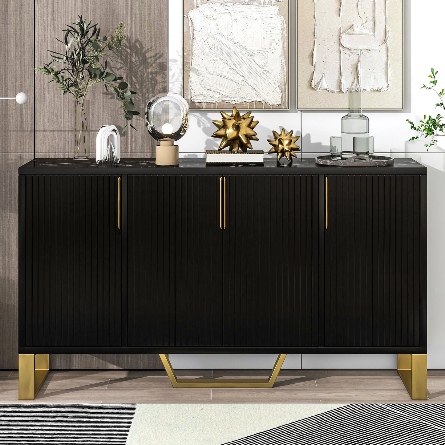 Modern Sideboard With Four Doors, Metal Handles & Legs And Adjustable Shelves Kitchen Cabinet Hearth and Haven