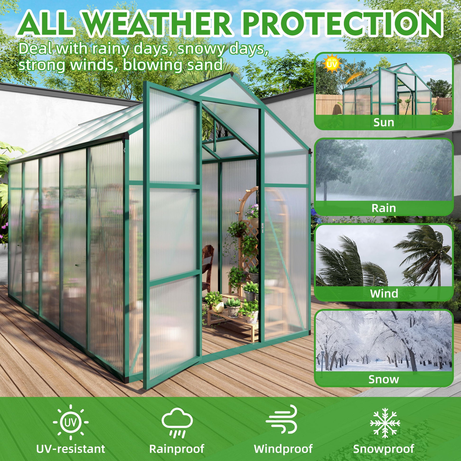 Polycarbonate Walk-In Greenhouse, Raised Base For Outdoor In All Season Daily Nest