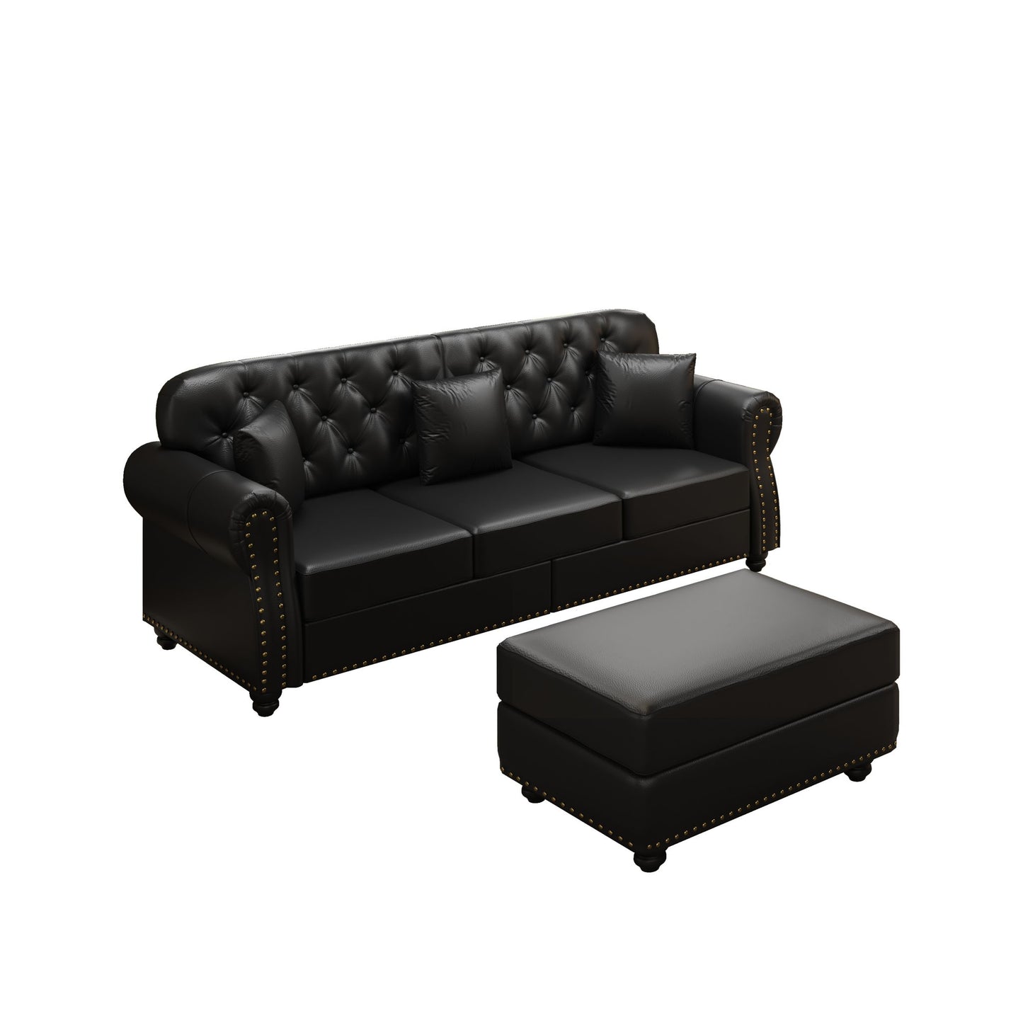 Upholstered Sofa With Nailhead Trim, Rolled Armrests With Ottoman Home Essentials
