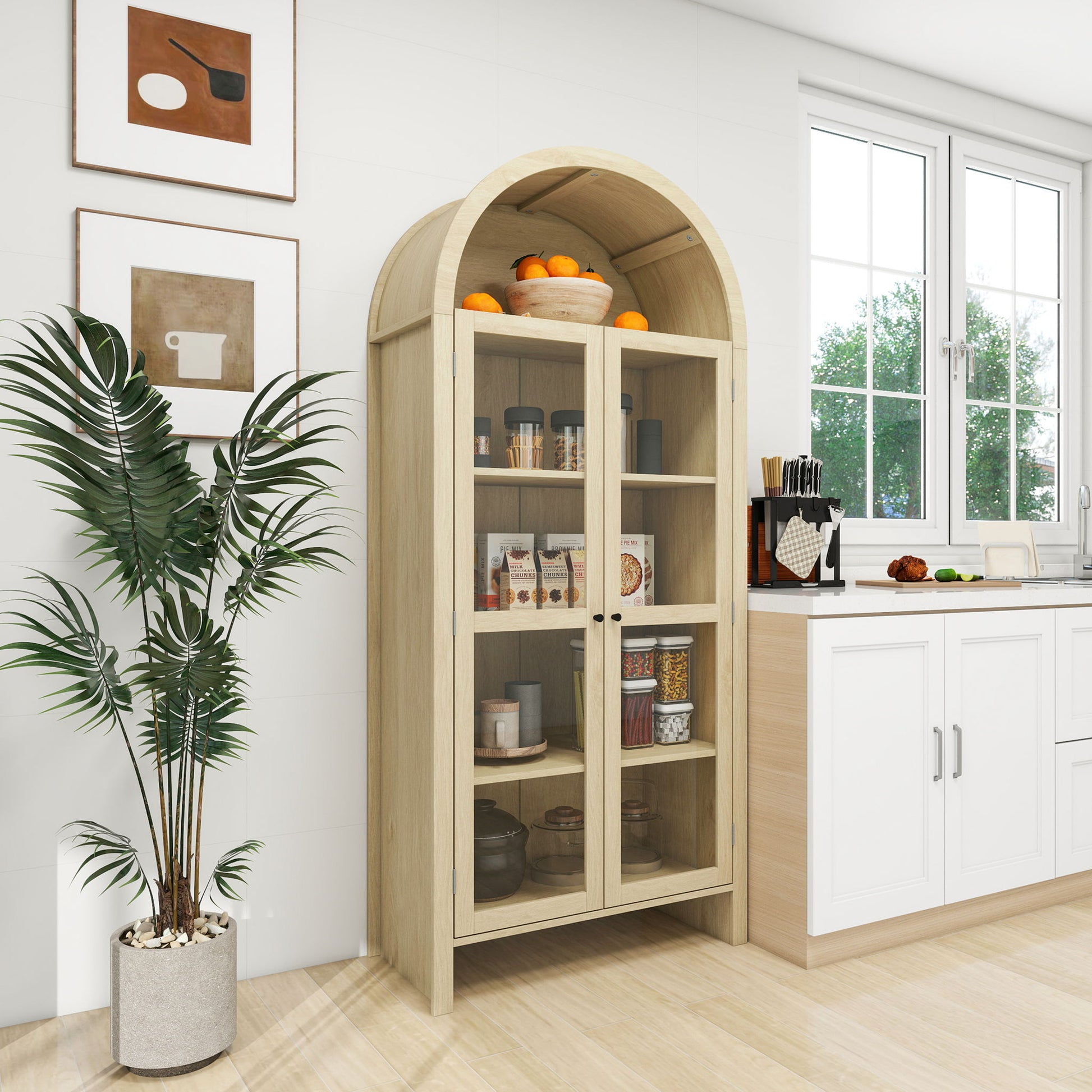 Tall Arched Kitchen Pantry, Modern Farmhouse Wood Kitchen Storage Cabinets, Arched Storage Display Cabinet With Adjustable Shelves, Versatile Cupboard For Kitchen, Dining Room - Natural Home Essentials