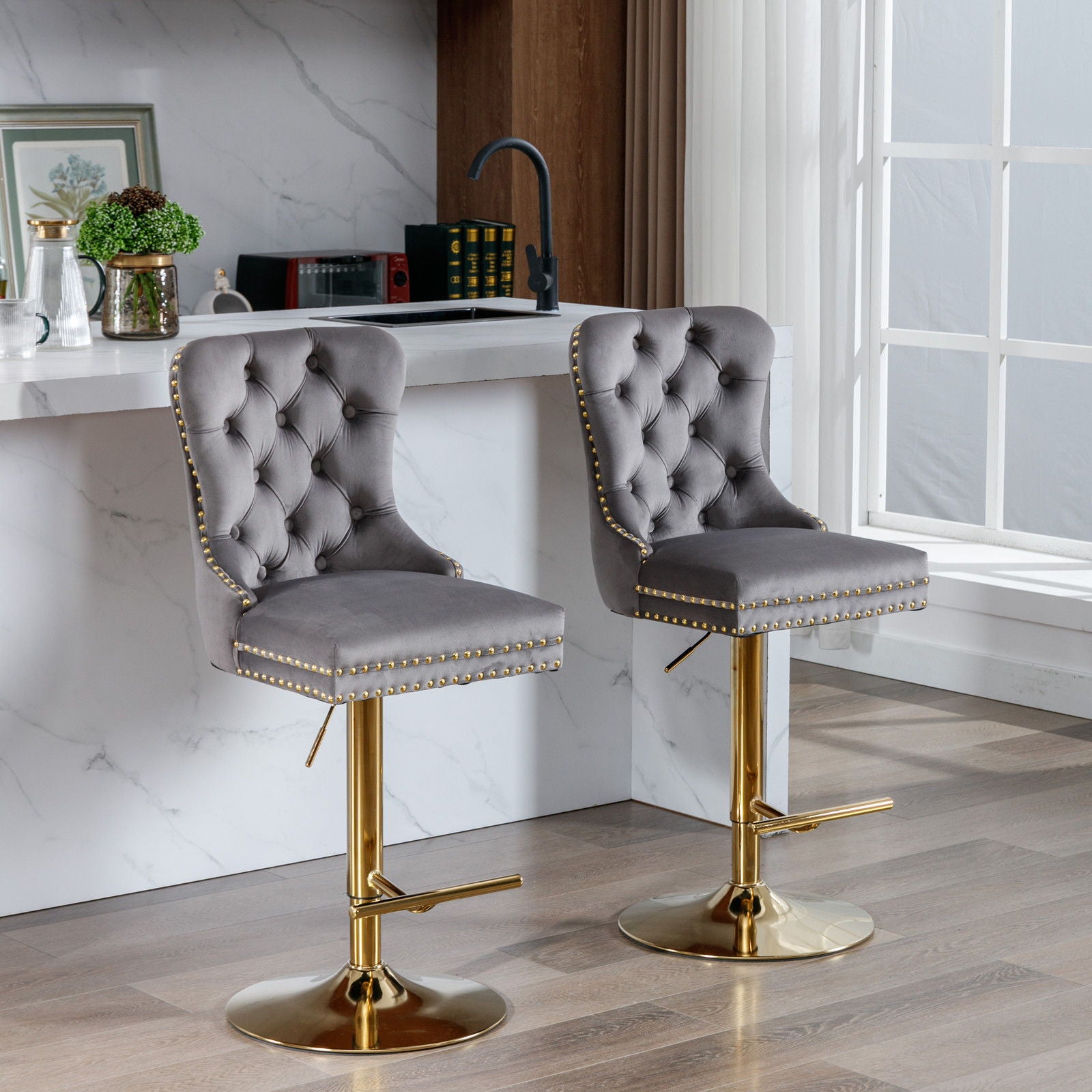 Thick Golden Swivel Velvet Barstools Adjusatble Seat Height From 25-33", Modern Upholstered Bar Stools With Backs Comfortable Tufted For Home Pub And Kitchen Island (Set of 2) Home Essentials