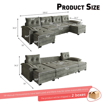 U-Shaped Sleeper Sofa With Pull Out Bed, Removable Armrests & USB Ports For Living Room Home Essentials