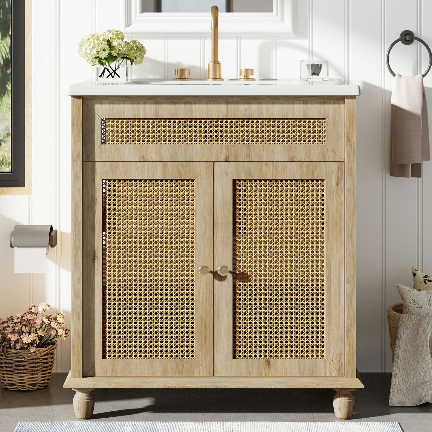 Bathroom Vanity With Handwoven Rattan Doors, Resin Basin - Natural Wood Noble House