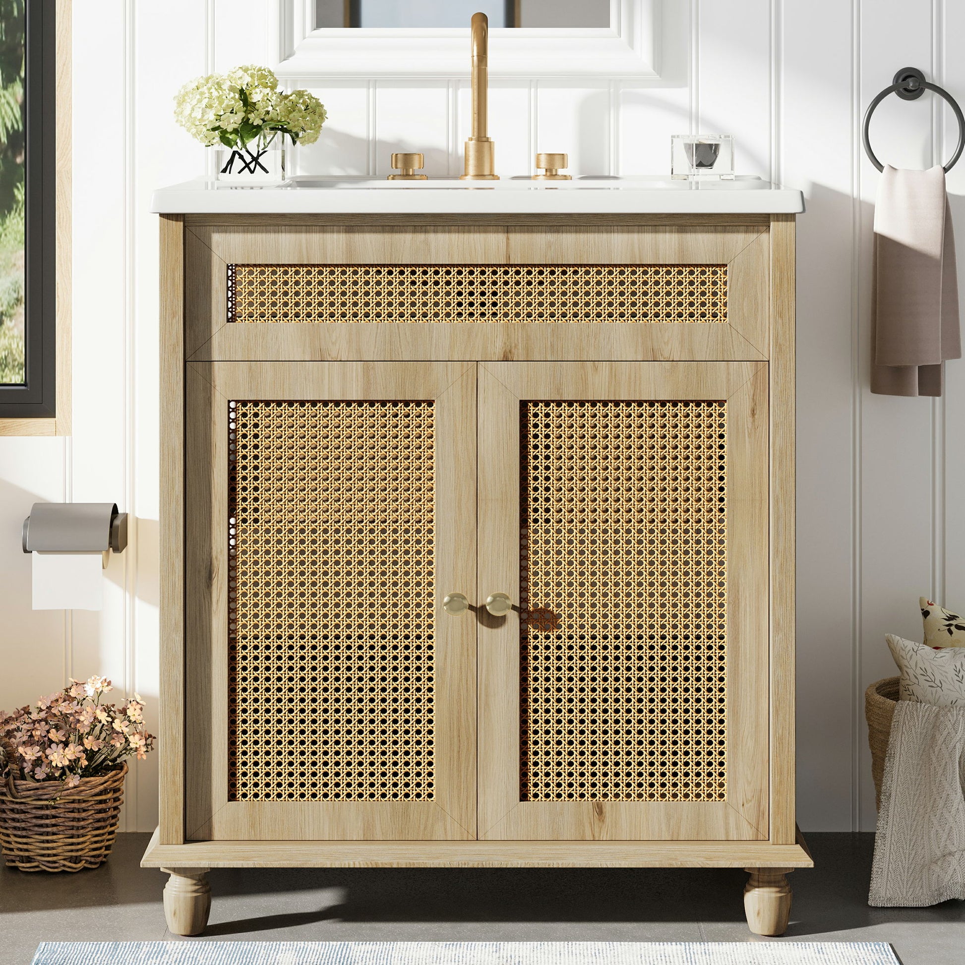 Bathroom Vanity With Handwoven Rattan Doors, Resin Basin - Natural Wood Noble House