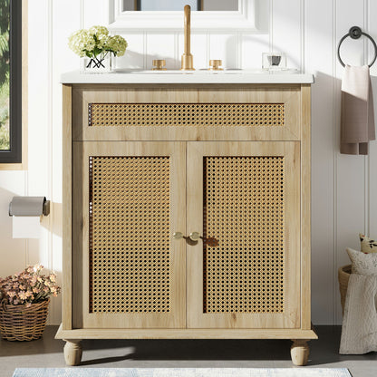 Bathroom Vanity With Handwoven Rattan Doors, Resin Basin - Natural Wood Noble House