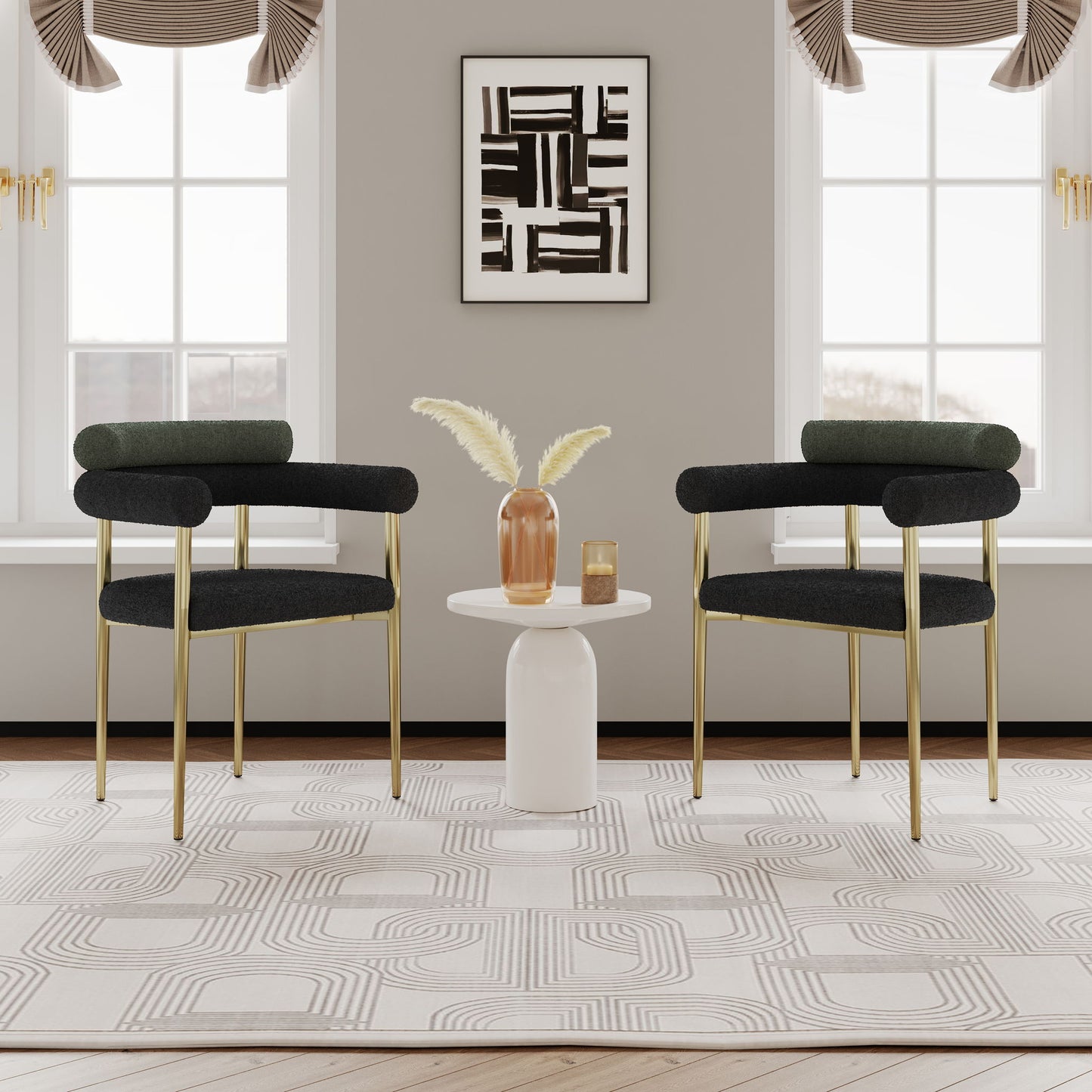 Dining Chairs (Set of 2), Mid-Century Modern Dining Chairs, Kitchen Dining Room Chairs, Round Boucle Backrest Sherpa Dining Chair With Brushed Bronze Metal Legs Home Essentials