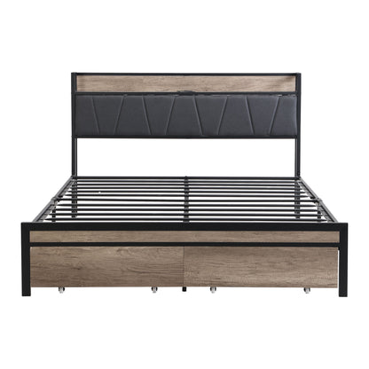 Metal Platform Bed Frame With Upholsteryolstery Storage Function Headboard And USB Liner And Footboard With Drawers, No Box Spring Needed, Large Under Bed Storage