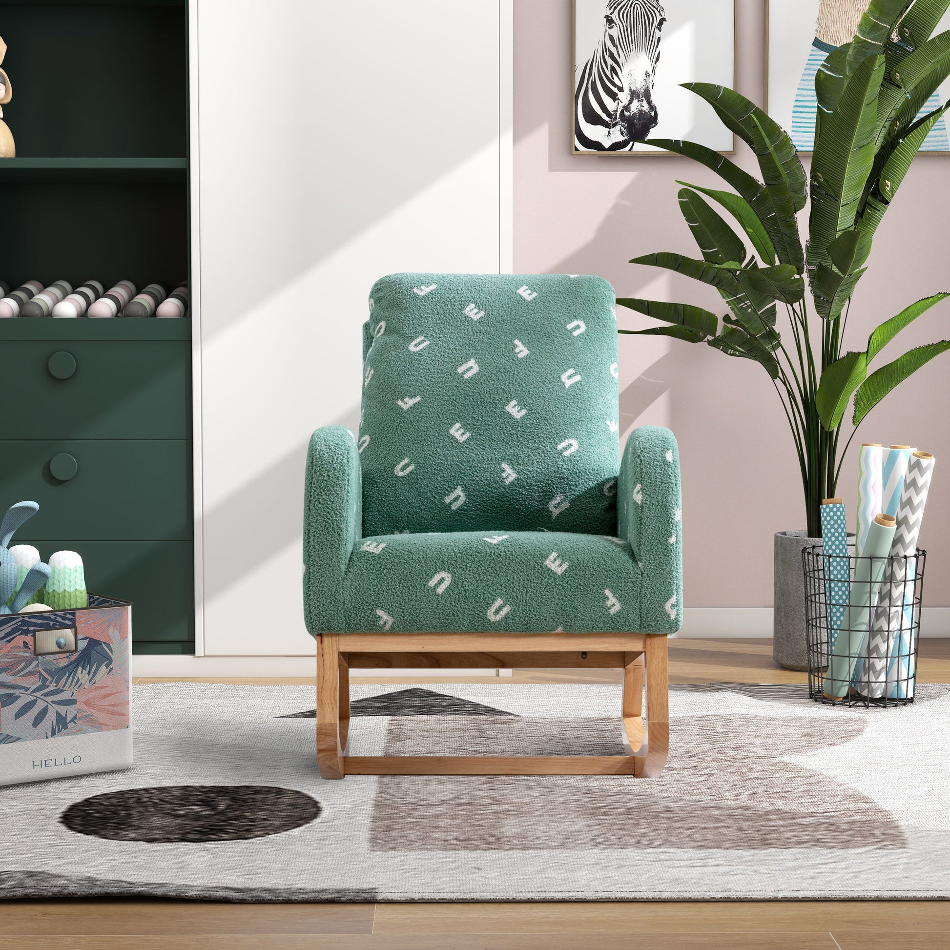 Modern Accent Rocker Armchair With Side Pocket, Upholstered High Back Home Essentials