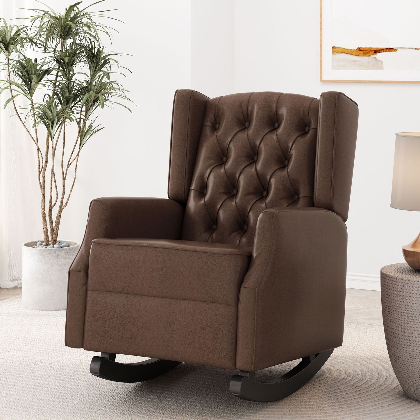Amedou - Contemporary Tufted Wingback Rocking Chair - Dark Brown Noble House