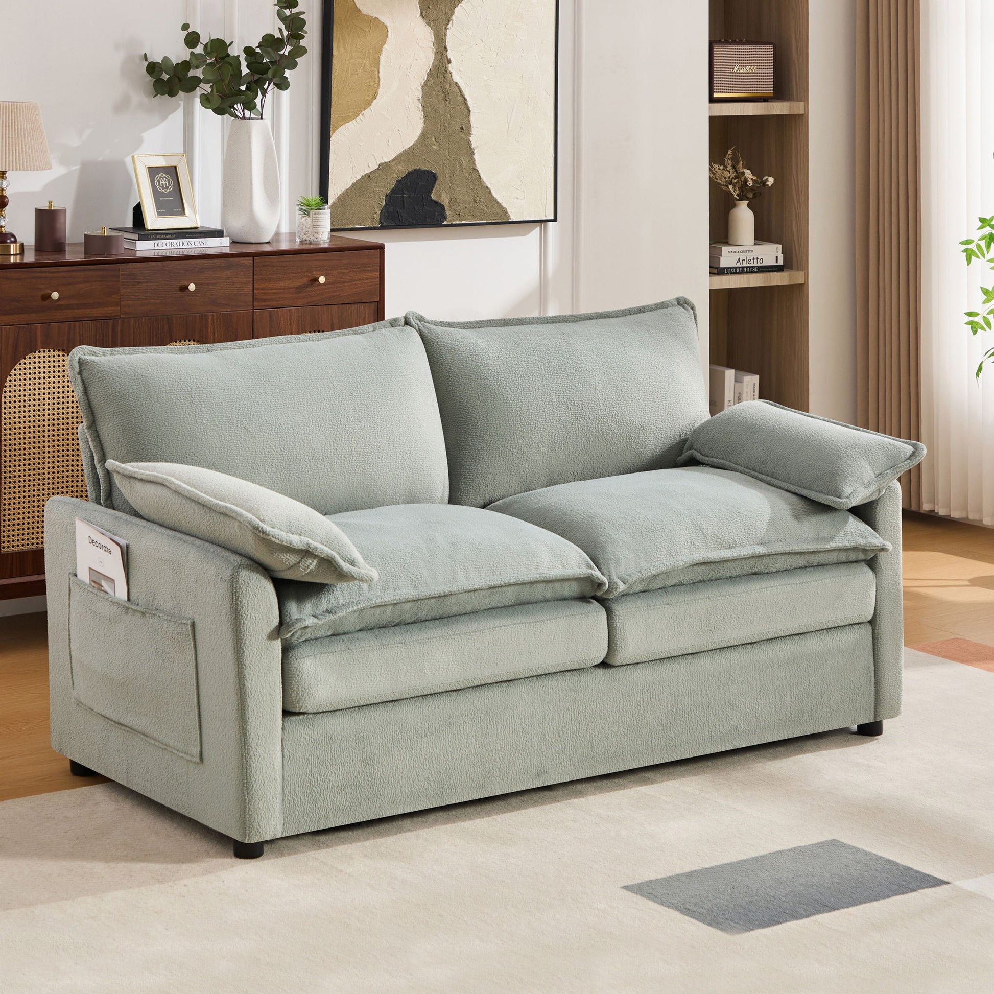 Modern Loveseat Sofa, Upholstered Couch With Side Storage Pockets Hearth and Haven