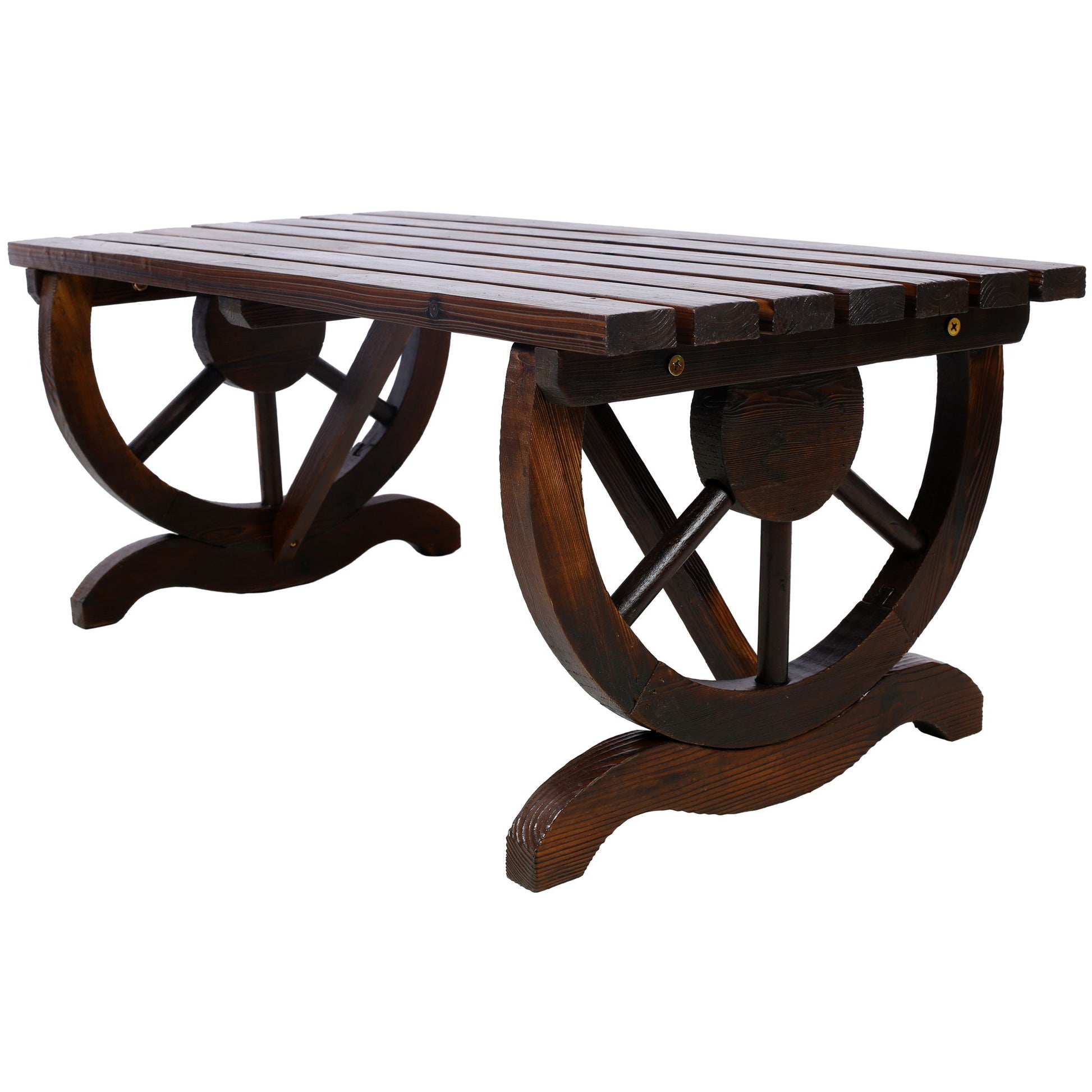 Rustic Wooden Bench With Wagon Wheel Legs For Garden And Patio - Brown Home Essentials