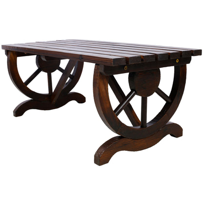 Rustic Wooden Bench With Wagon Wheel Legs For Garden And Patio - Brown Home Essentials