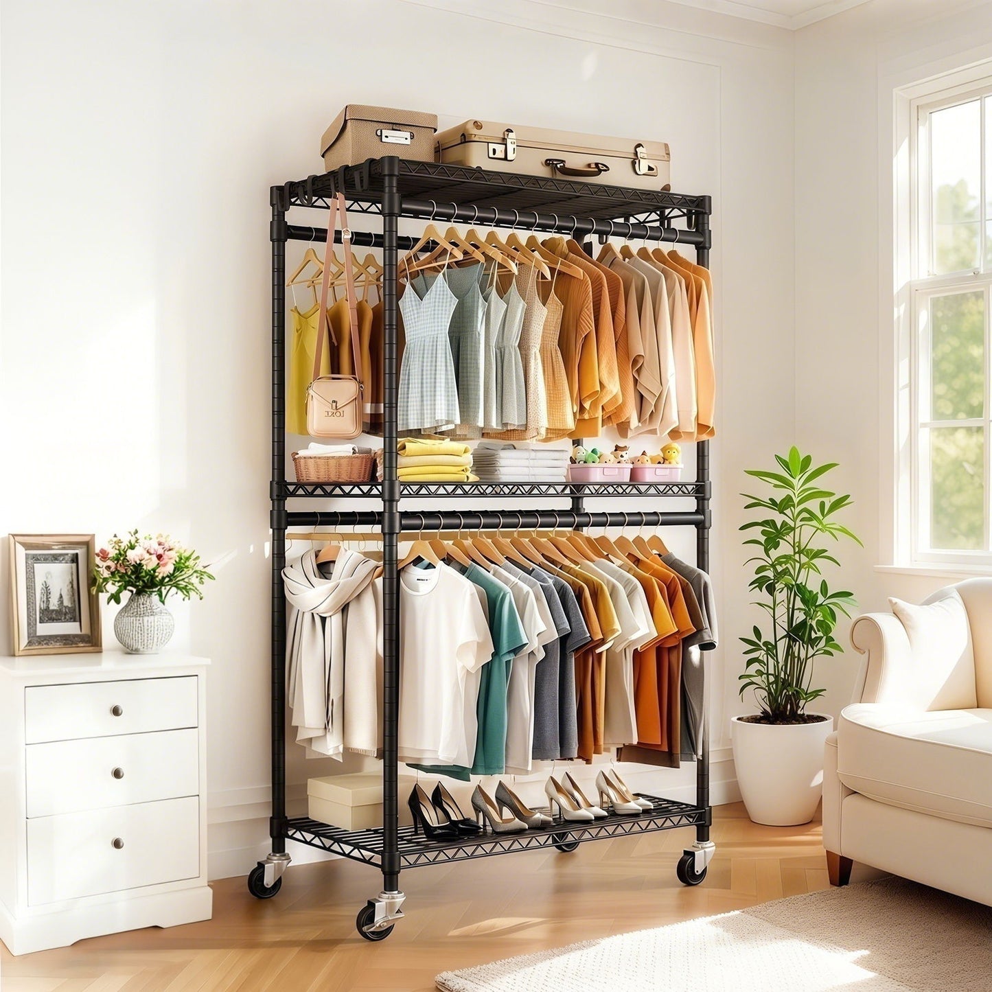 Heavy Duty Rolling Clothes Rack With 3 Tier Shelves, 2 Rails & Side Hooks, Adjustable Freestanding Organizer Metal - Black Daily Nest