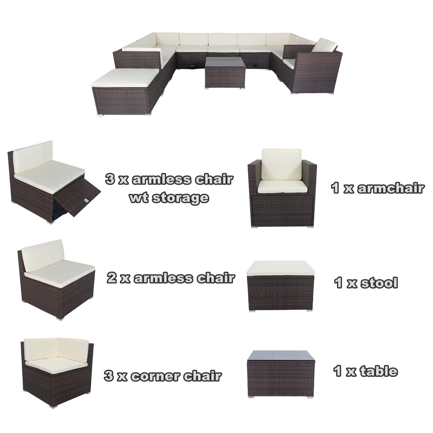 11 Piece Patio Wicker Conversation Set, 10 Seater Patio Sectional Set With 3 Storage Box Under Seat - Brown / White