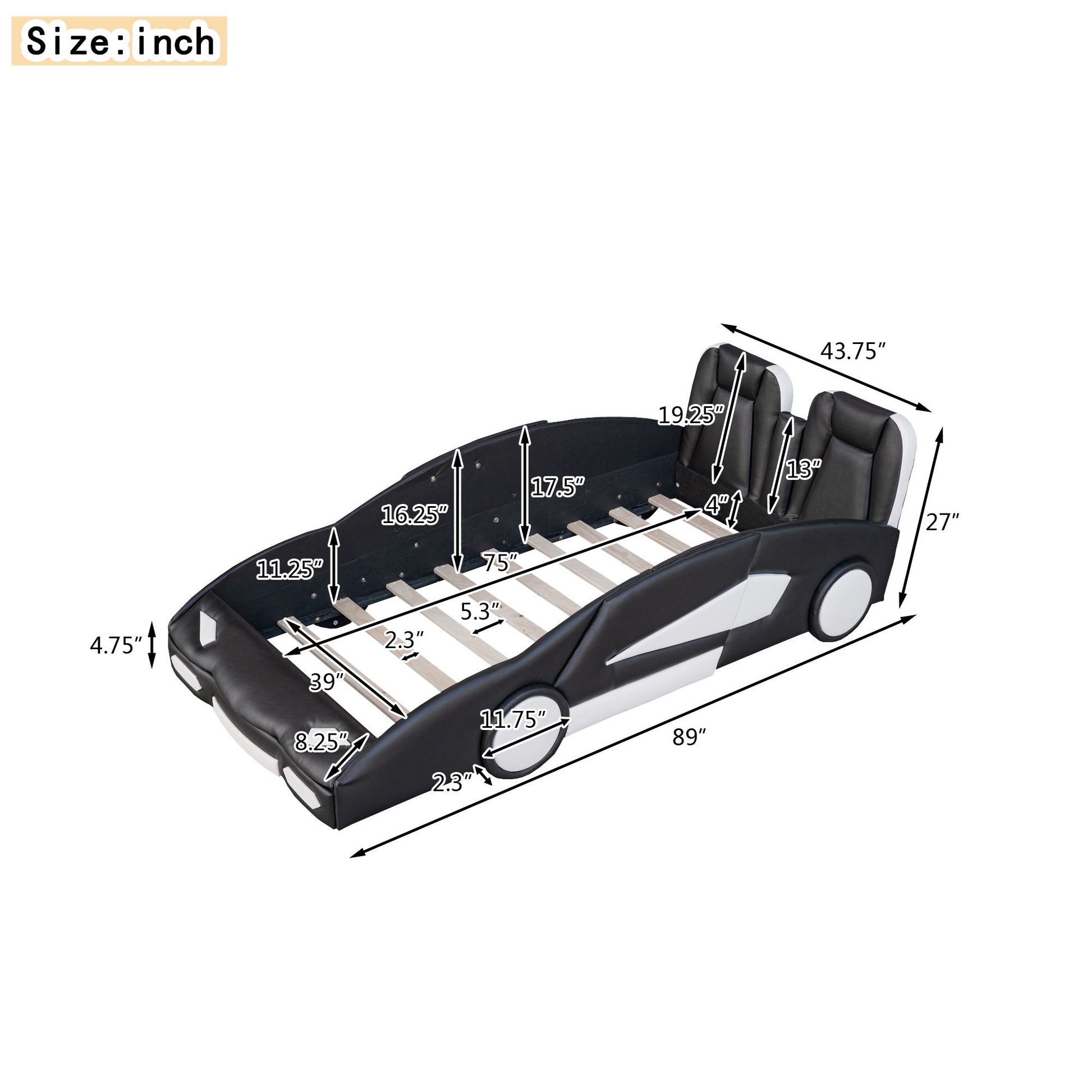Race Car Shaped Twin Platform Bed With Wheels, Pine Wood Construction Hearth and Haven