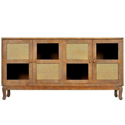 Retro Industrial 4 Door Sideboard With Large Storage, Rattan And Glass Doors Home Essentials
