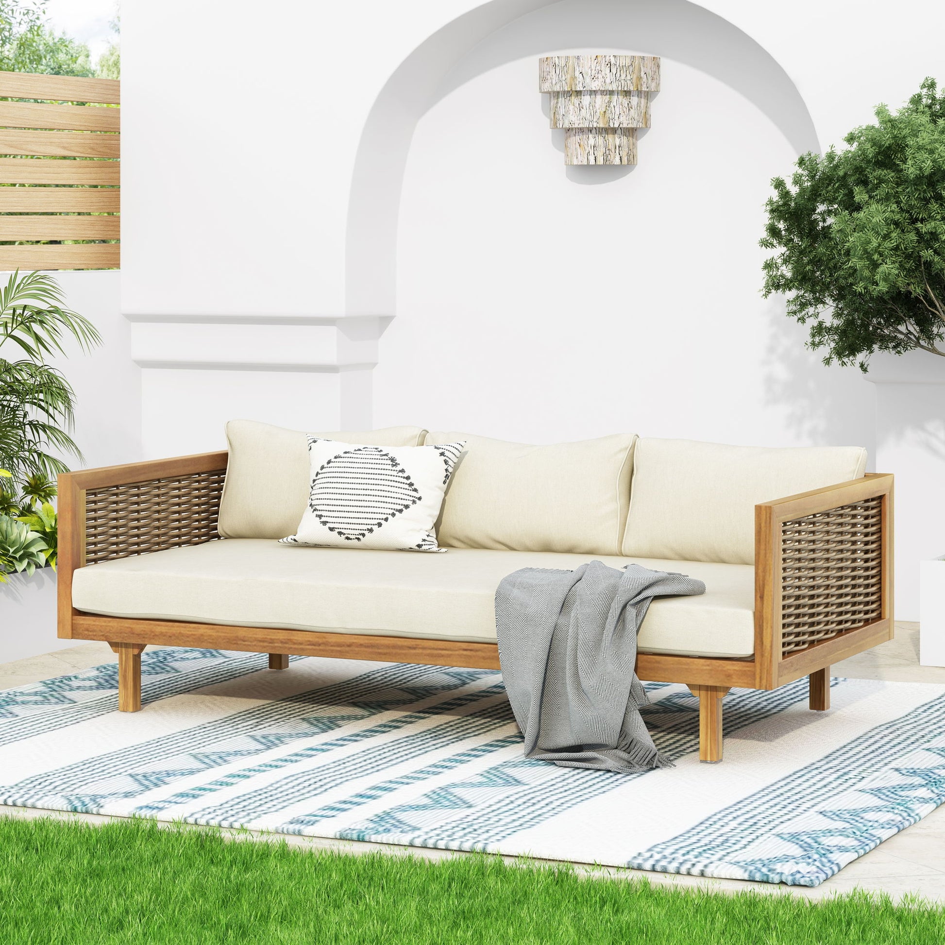 Claremont - 3 Seater Daybed Teak Acacia Wood Water Resistant Cushions Noble House