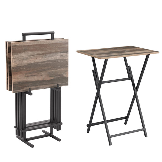 TV Trays For Eating (Set of 4) With Stand, Folding Snack Tray Table Set, Folding TV Dining Tables For Small Space - Rustic Brown Home Essentials